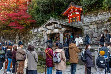 Kyoto 'daki kiyomizu-dera tapınağını sonbaharda ziyaret eden turistler, Japonya