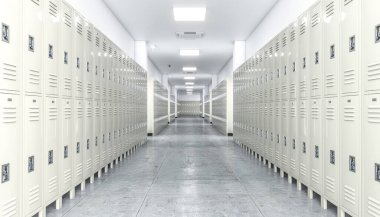 Her iki tarafında dolaplar olan boş okul koridoru. 3d hazırlayıcı