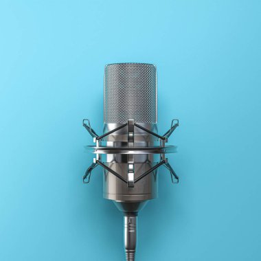 Profesyonel stüdyo mikrofonu mavi arkaplan, podcast 3D kayıt