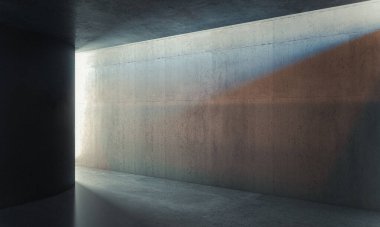 Güneş ışığı grunge beton odayı aydınlatıyor modern 3D arkaplan