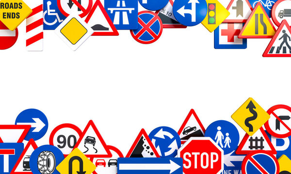 Assorted traffic  road signs arranged around a transparent background 3d