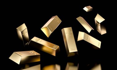 Parlak altın çubuklar siyah arkaplan başarı konsepti 3d 'ye düşüyor