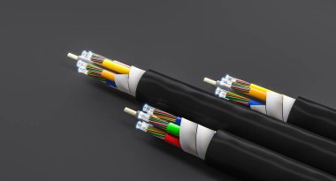 3d fiber optik kablolar koyu arkaplanda parlak uçlar oluşturur
