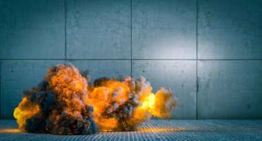 Beton duvarın yanında patlayan ateş topu, büyük bulut siyah duman 3D