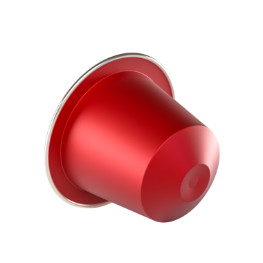 Beyaz arka planda duran tek kırmızı kahve kapsülü