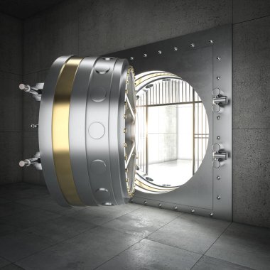 Çok güvenli bir banka kasası kapısı açık duruyor ve 3D 'nin içindeki parlak ışığı gösteriyor.