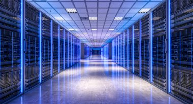 Server room with modern hardware and blue lights illuminating corridor 3d clipart