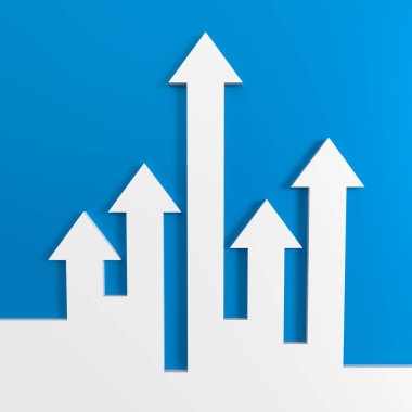 Beyaz oklar mavi arka plan, büyüme, başarı ve ilerleme. 3d