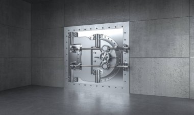 Çelik gibi sağlam bir kasa kapısı boş beton oda. 3d arkaplan