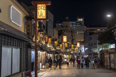 Turistler ve yerliler Asakusa 'da gece hayatının tadını çıkarıyorlar.