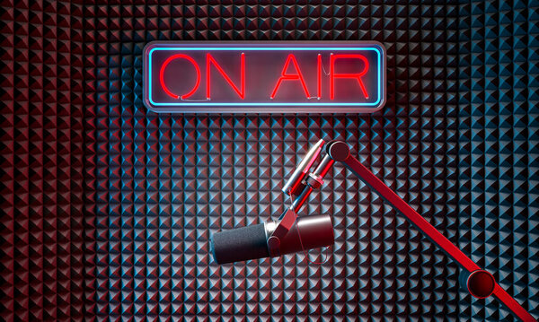 Estación Radio Micrófono Profesional Con Señal Neón Aire — Foto de Stock