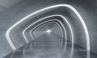 Beton tünel parlayan ışıklar parlıyor. 3d arkaplan