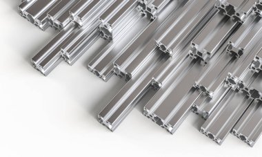 Beyaz arkaplan endüstrisi ve inşaat 3d 'si hakkında yığılmış alüminyum profil