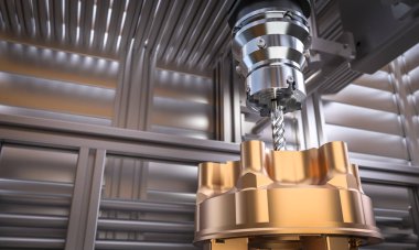 Cnc makinesi fabrikanın arka planında metal parçası üzerinde çalışıyor