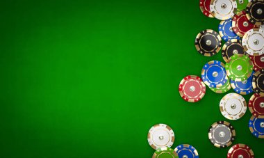 Poker fişleri yeşil masaya saçılmış. Kumar geçmişi 3 boyutlu.