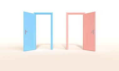 İki açık kapı, pembe ve mavi, cinsiyet eşitliğini sembolize eden 3d