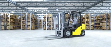 Forklift büyük dağıtım deposu 3D 'ye park edilmiş.