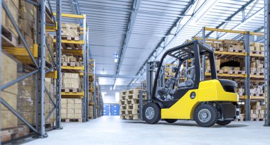 Tahta paletler taşıyan forklift dağıtım deposu 3 boyutlu arka plan
