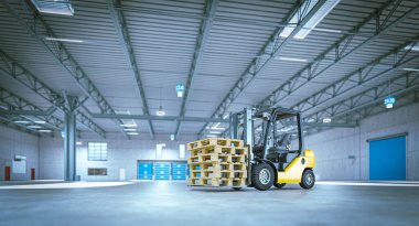 Sarı forklift ahşap paletler taşıyor. Büyük sanayi deposu 3D.