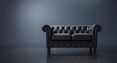 Zarif siyah deri göğüs tarlası kanepesi parke 3D ile karanlık oda