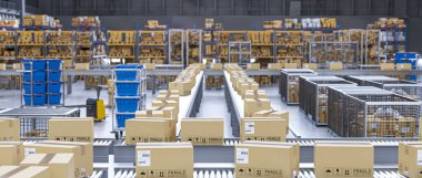 Dağıtım deposu 3D 'de karton kutular taşıma bandı üzerinde hareket ediyor.