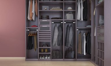 Dolabın içinde modern yürüyüş kıyafetleri, ayakkabıları ve aksesuarları 3D düzenliyor.