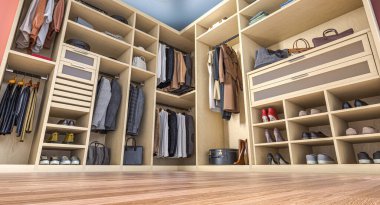 Dolap, giysi, ayakkabı, çanta ve aksesuar deposunda modern yürüyüş.