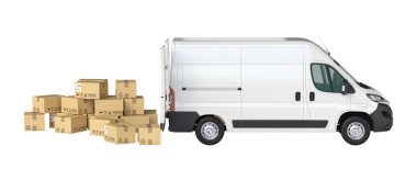 Arka kapısı açık, karton kutuları 3 boyutlu beyaz bir minibüs.