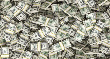 Üç boyutlu arka planda yığılmış 100 dolarlık banknotlar yığını