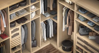 Dolabın içinde modern ahşap yürüme kıyafetleri ve aksesuarları düzenleme 3D