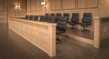 Boş jüri kutusu ve siyah deri sandalyeli mahkeme salonu 3D