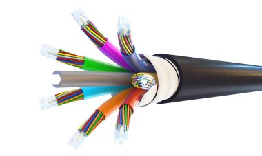 Fiber optik kablo şeffaf arkaplan 3d üzerindeki kabloları açığa çıkarıyor