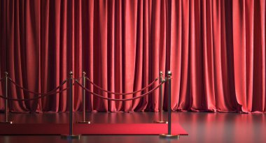 Kırmızı halı ve bariyer kapalı kırmızı perde 3 boyutlu.