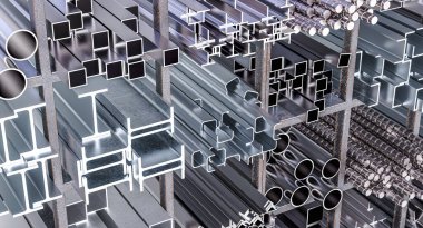 Metal profil ve tüplerin çeşitli dizilimleri 3D arkaplan