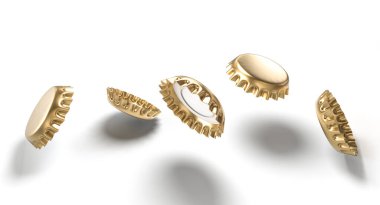 Beyaz arka planda altın şişe kapakları 3D