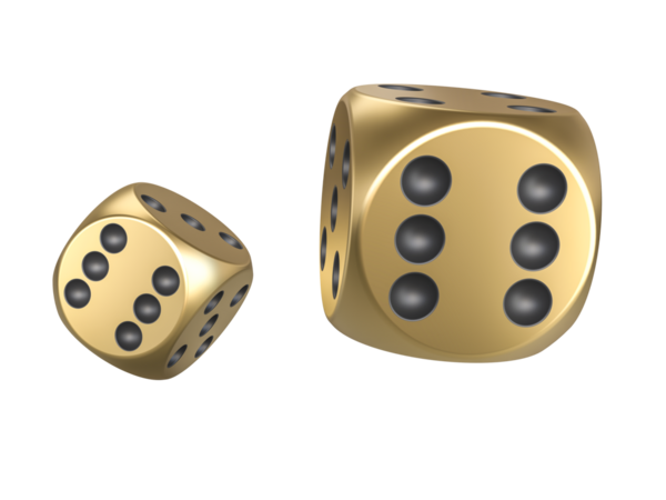 3d rendering of two golden dice transparent background