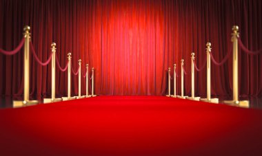 Kırmızı halı, kadife perdeli. 