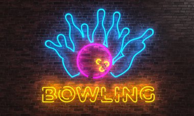 Bowling neon tabela topu tuğla duvar raptiyeleri 3D