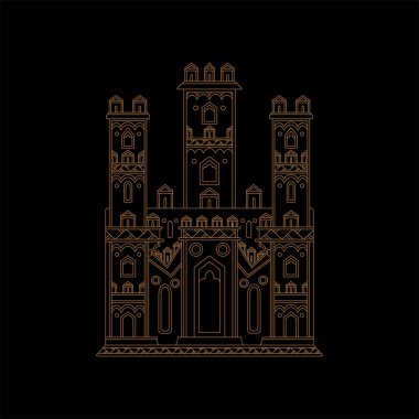 Ortaçağ kalesi. Kuleler vektör çizgisi illüstrasyonlu eski kale.