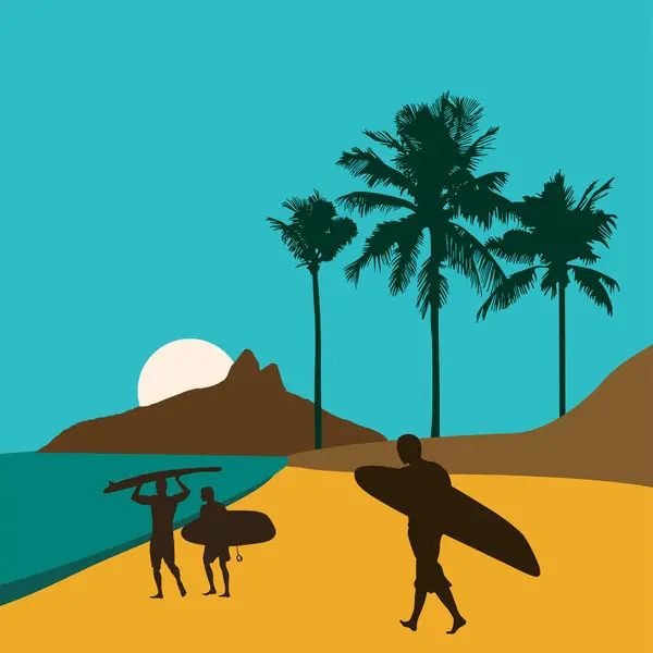 Paisaje Tropical Con Palmeras Surfistas Ilustración Vectorial Vector de stock