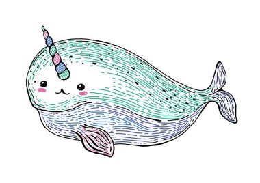 Kawaii Deniz gergedanı, tek boynuzlu at balığı vektör çizimi