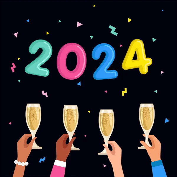 Frohes Neues Jahr 2024 Plakat Hand Hand Mit Champagnergläsern Vektorillustration — Stockvektor