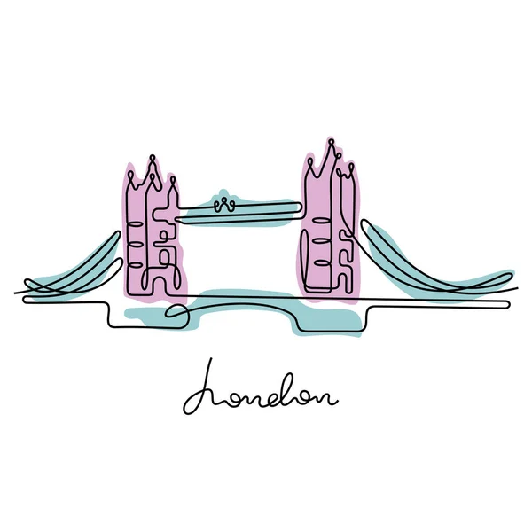 Tower Bridge Londýn Kontinuální Čára Barevný Vektor Ilustrace — Stockový vektor