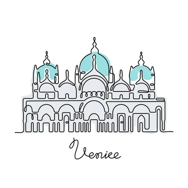 Basilique Saint Marks Venise Illustration Vectorielle Colorée Ligne Continue — Image vectorielle