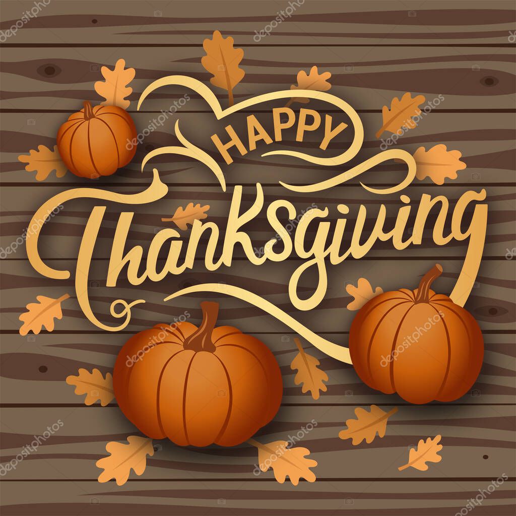 Happy Thanksgiving Day vector banner with pumpkins and fallen leaves