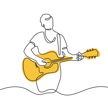 Gitar çalan adam sürekli çizgi vektör çizimi yapıyor. 