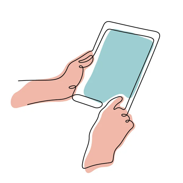 Χέρια Κρατώντας Ψηφιακή Ταμπλέτα Συνεχή Γραμμή Πολύχρωμη Διανυσματική Απεικόνιση — Διανυσματικό Αρχείο