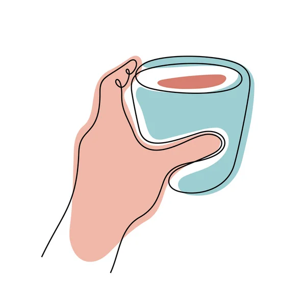 Hand Håller Kaffekopp Kontinuerlig Linje Färgstark Vektor Illustration — Stock vektor