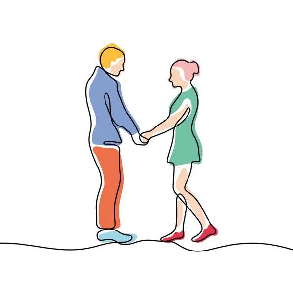 年轻夫妇手牵手连续线彩色矢量插图 矢量说明 — 图库矢量图片