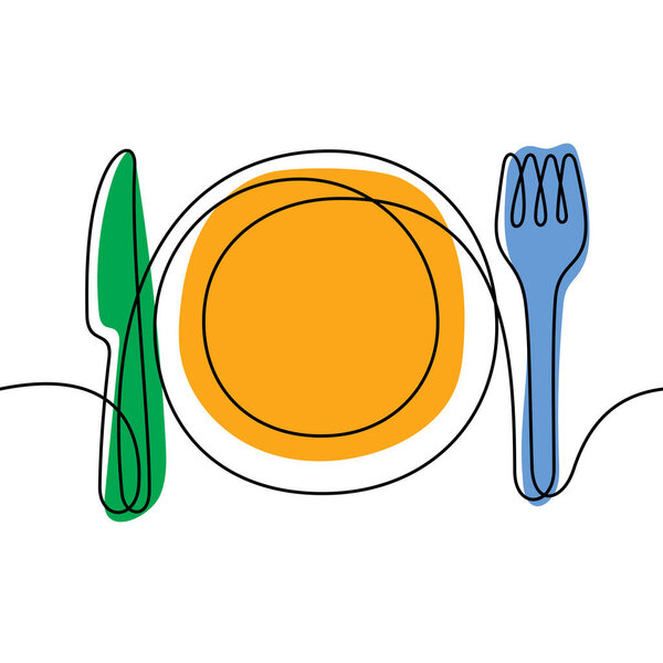 Plate, knife and fork continuous line colourful vector illustration